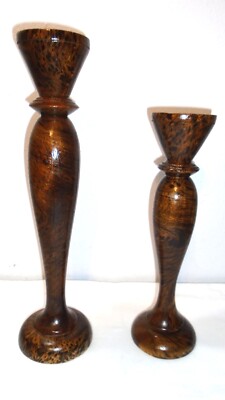 2 Tiger Wood Grain Pillar Candle Holder Large Pair Solid Wood Turning 20'' & 16''