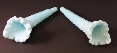 2 Fenton Turquoise Pastel Hobnail Glass Tulip Epergne Horns For Vase  6 1/8"