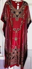 NEW MUMU 2X 3X SANTE KAFTAN CAFTAN HOUSE DRESS DEEP RED PLUM BLACK & GOLD  #HJ
