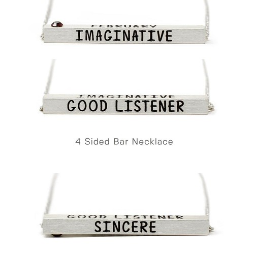 Birthstone Necklace 4 Sided Engraved Brass Bar Pendant With Birthstone Rhodium - Picture 12 of 82
