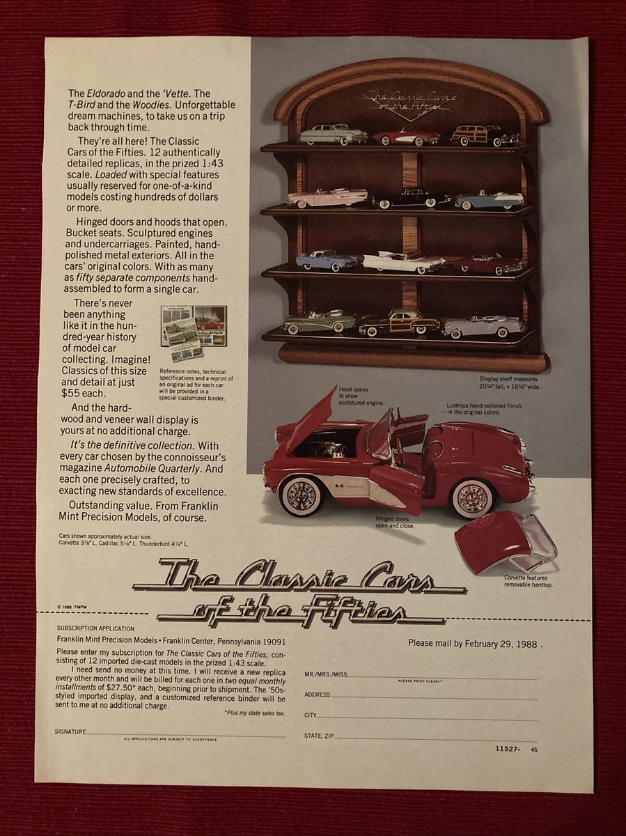 Franklin Mint Classic Cars Of The Fifties 1988 Print Ad Promo