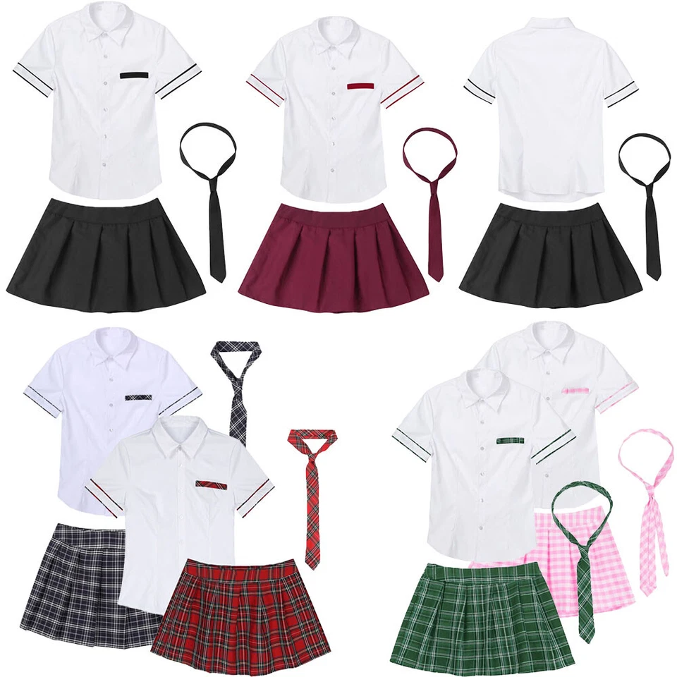 Mujeres Colegiala Manga Corta Camisa Trajes Falda a Cuadros Conjunto de Corbata Uniforme Escolar Foto 3 de 3