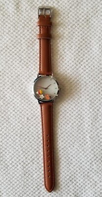 Visage Silver Tone Watch w/Floating Charms Brown Faux Band 5.5''-7.5 New Battery
