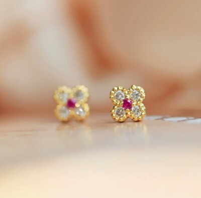 Tiny Gold Flower Lucky Clover Pave Hot Pink Cubic Zirconia Stud Earrings