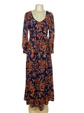 Women’s Floral Navy & Orange Long Sleeve Maxi Dress With Button Details Sz 4