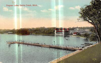 BATTLE CREEK Michigan Lake Goguac amusement park postcard roller coaster #3