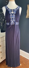 Blue Maxi Dress With Embroidery Buttons At Neck Open Back