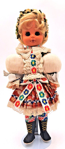 Magelsens 14” Porcelain Doll In Folk Costume German? Sleepy Eyes Display Stand