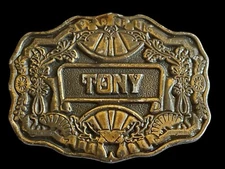 Vintage Oden Inc. Name TONY BELT BUCKLE Embossed Scrolled Metal Art
