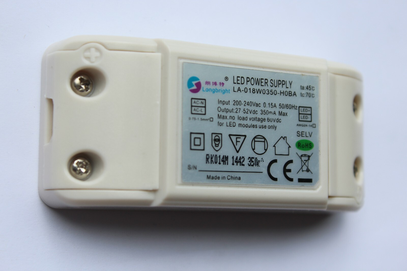 Longbright LED lamp driver Output 1218w 350Ma 2752V DC Input 200240V