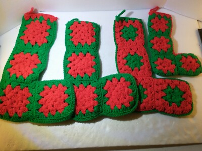 Lot of 4 Vintage Hand Crocheted Christmas Stockings Granny Square Retro Knit
