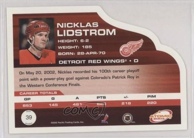 2002-03 Pacific Atomic Gold /99 Nicklas Lidstrom #39 HOF - Image 2 of 2