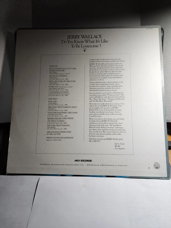 Jerry Wallace – Do You Know What It's Like To Be Lonesome- 1973 MCA VG R25 - Image 2 of 2