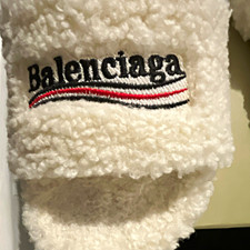 Balenciaga Men's White Fur Fuzzy Logo Slide Sandals Slip-On US 10.5