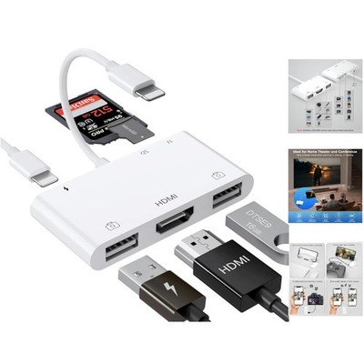 Versatile 6-in-1 iPhone Adapter: HDMI, USB & SD Slots - Plug & Play Convenience