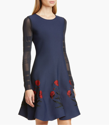 Oscar de la Renta Illusion Poppy Floral Knit Dress Long Sleeve Blue S US 4 NWOT