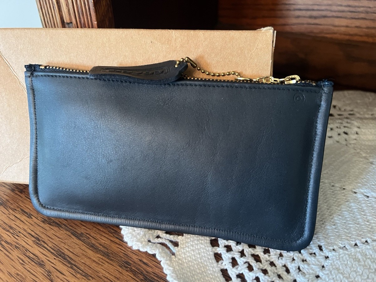 Vintage Coach 90s Peacock Blue Leather Skinny Case Cosmetic Zip