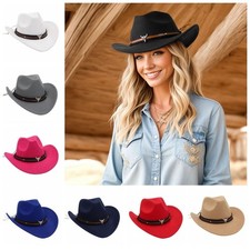 Western Cowboy Hat Roll Brim Cow Head Belt Felt Bucket Hat Cowgirl Cap Fashion
