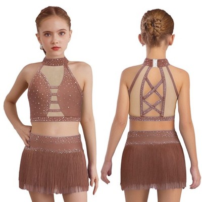 Mädchen Tanzkleid Latein Salon Tanz Salsa Jazz Crop Top Strass Mit Fransen Rock