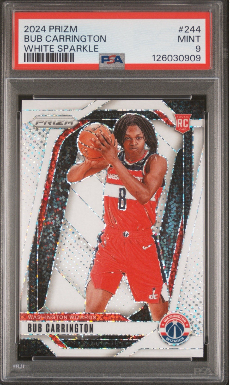 Bub Carrington 2024-25 Panini Prizm White Sparkle Prizm SSP #244 Rookie RC PSA 9