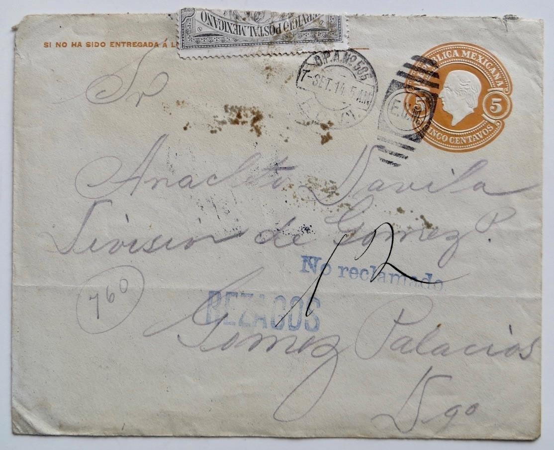 1914 Revolutionary Period Cover to Gomez Palacios Durango Officially Sealed
