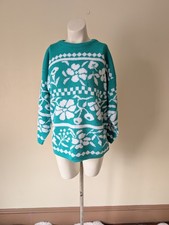 Vintage Cottage Chunky Knit Sweater M Oversized Green  White Flowers  Cherries