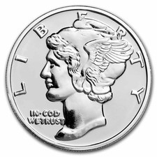 1 oz Silver Round - Mercury Dime 85.38 per troy oz