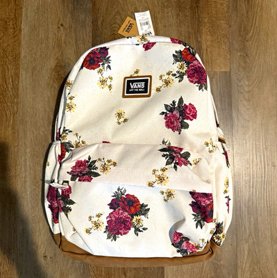 VANS Floral Print Backpack White Zip Closure Padded Straps Outer Pockets