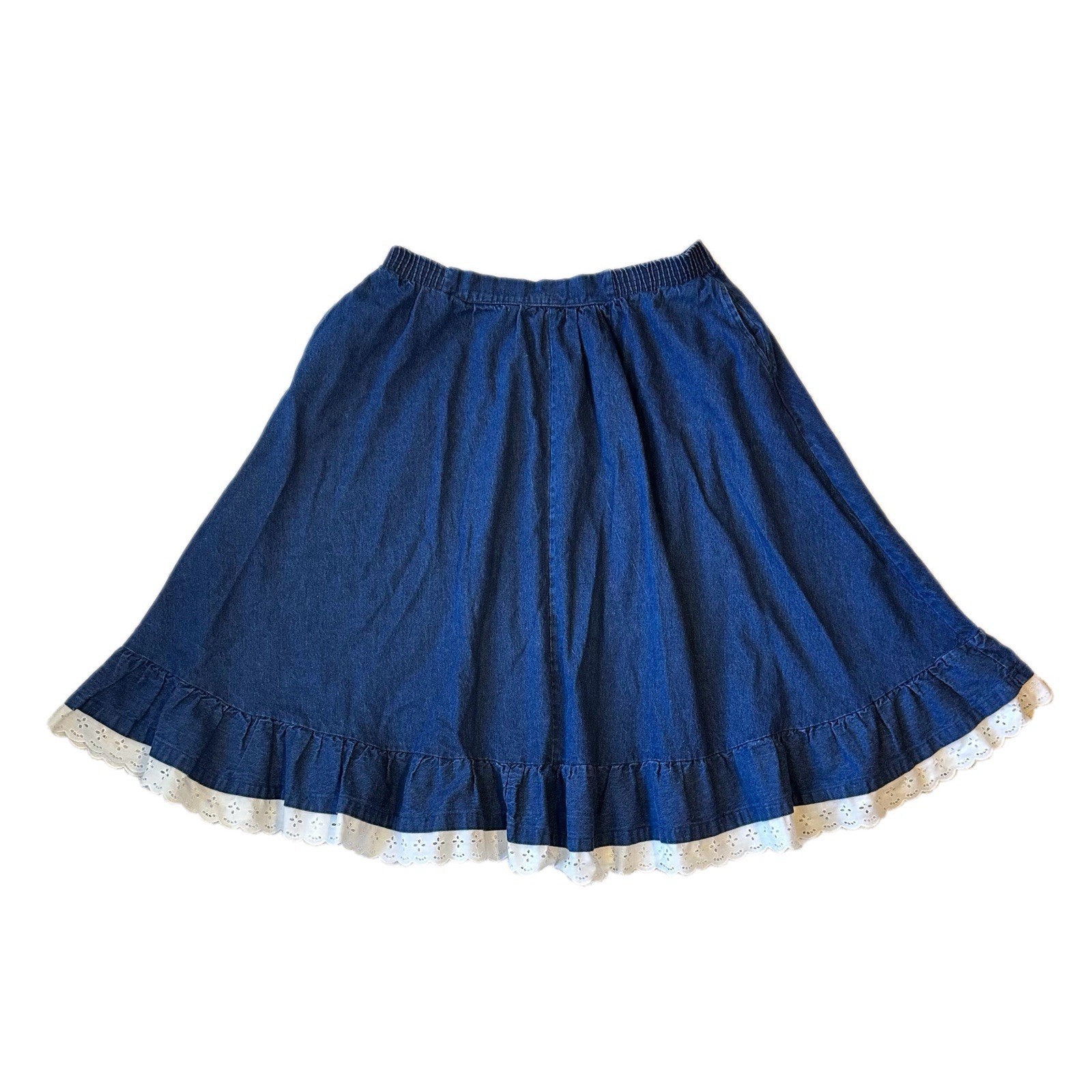 Vtg 80s Skirt Women 16 Blue Denim A-Line Elastic Waist USA Eyelet Scalloped Trim