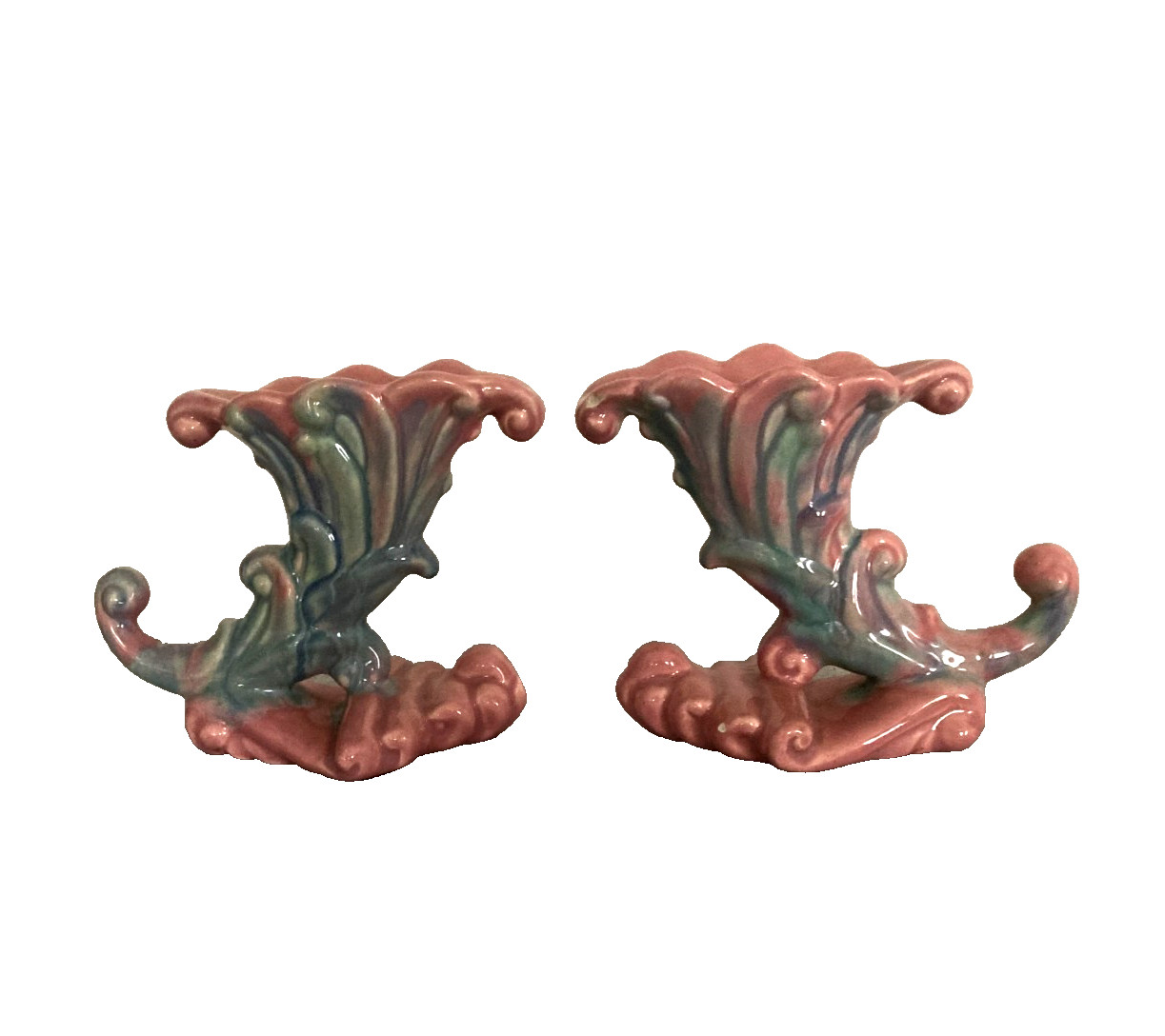 Set Of 2 Vintage Ceramic Pottery Horn 5.5" Long Candle Holde