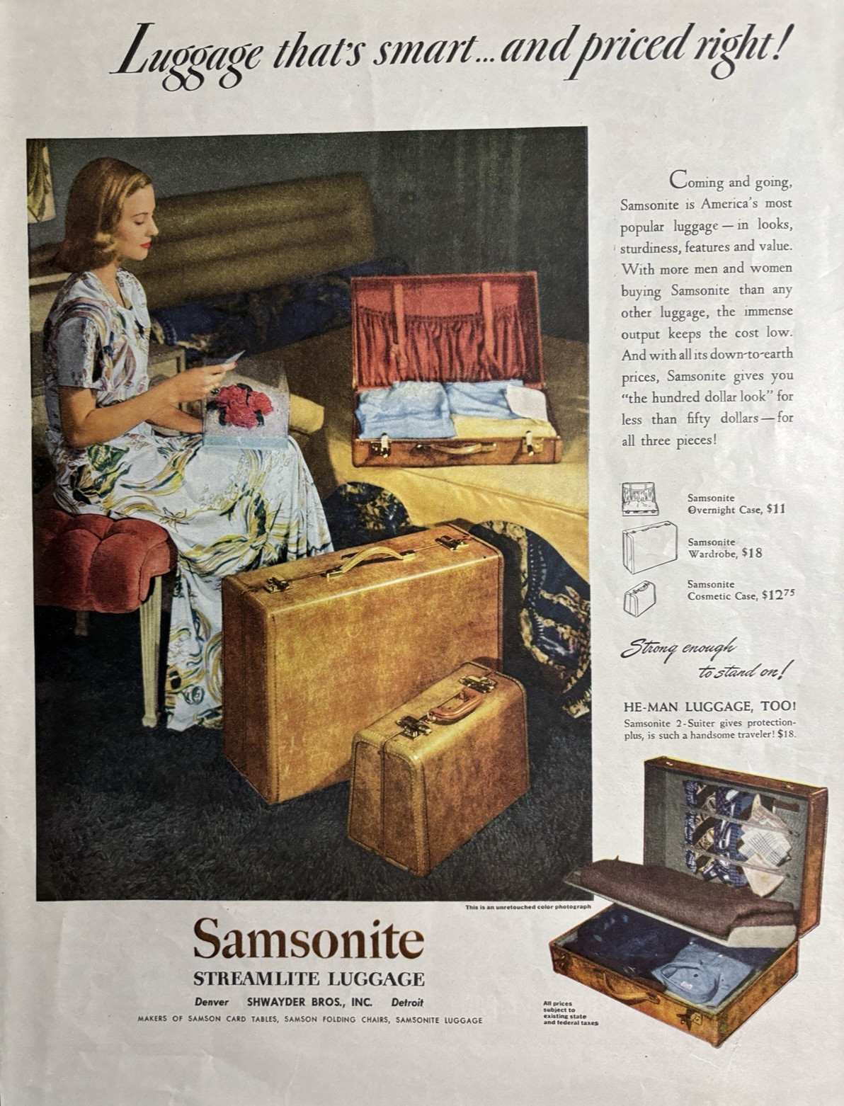 Samsonite Equipaje Inteligente Precio Derecho Pasar la Noche Estuche Armario De Colección Impreso Anuncio 1946