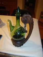 Vintage Green Glass Wine Decanter with Ice Chamber & Wood Stand