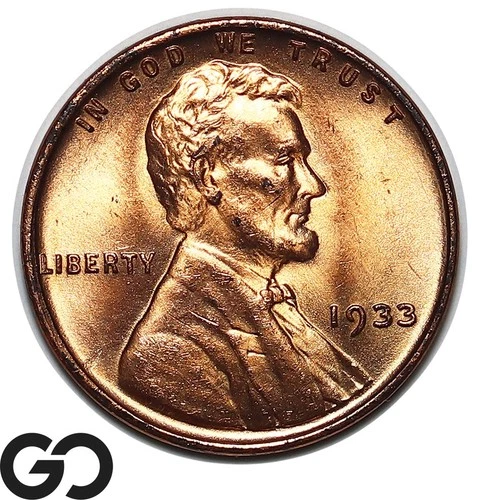 1933 Lincoln Cent Wheat Penny, Lustrous Red, Solid Gem BU++ RD