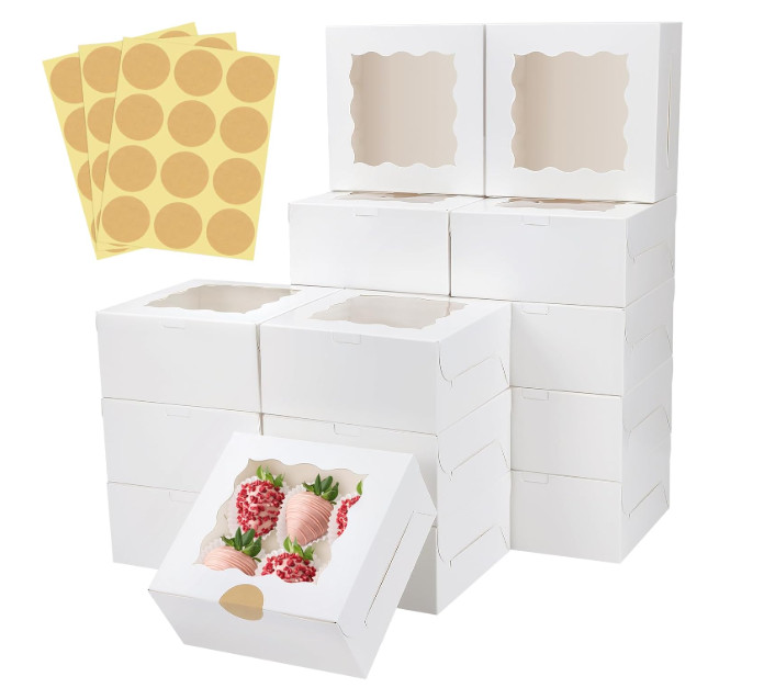 30 Pcs White Bakery Boxes with Window, 6 X 6 X 3 Inches, White Paperboard Tre...