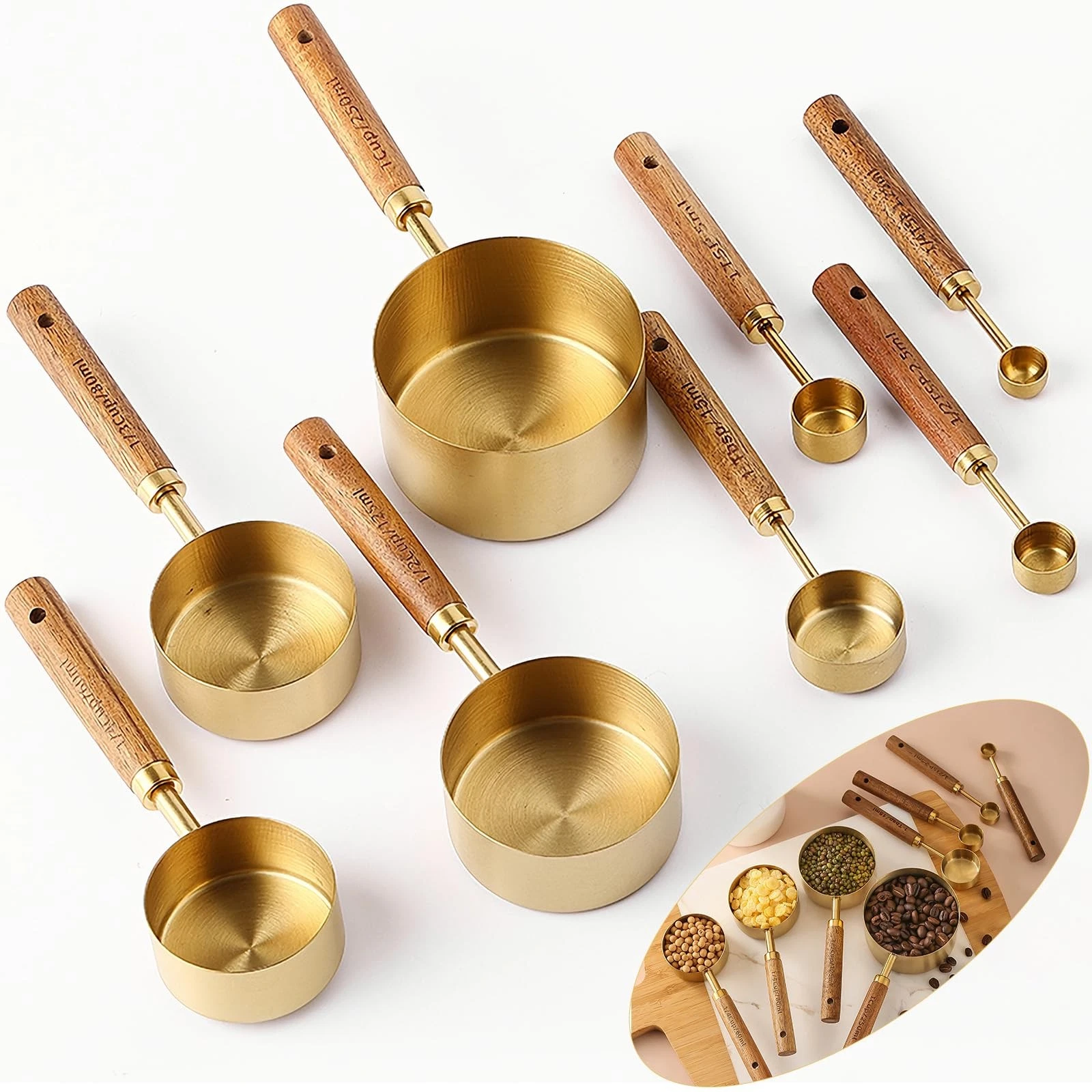 8Pcs Measuring Cups and Spoons Set - Golden Stainless Steel Measuring Cups wi...