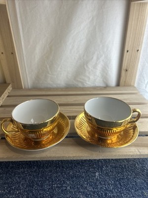 2x 50er Jahre Royal Worcester Gold Glanz Tasse/Untertassen teilweise altersbedingt verblassen