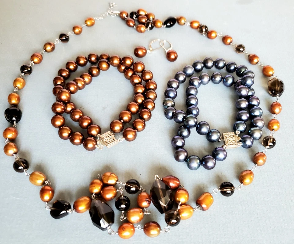 Set 1/4" Cultured Pearl Jewelry -2 Bracelets Earrings and Necklace w Smoky Topaz - Image 4 of 4