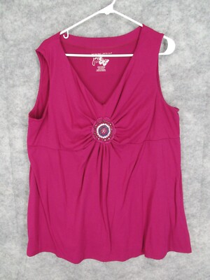 Just My Size Women's Top Ruby Fizz Pink 3X V-neck Sleeveless Beaded Blouse