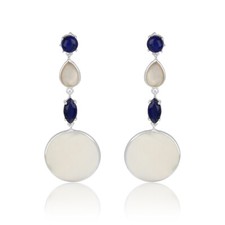 Mother Of Pearl & Lapis Gemstone 925 Sterling Silver Disc Charm Long Earrings