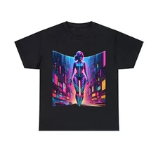 Unisex Adult T Shirt Futuristic Cyborg Robot AI Woman Sleek Sexy Cityscape Tee