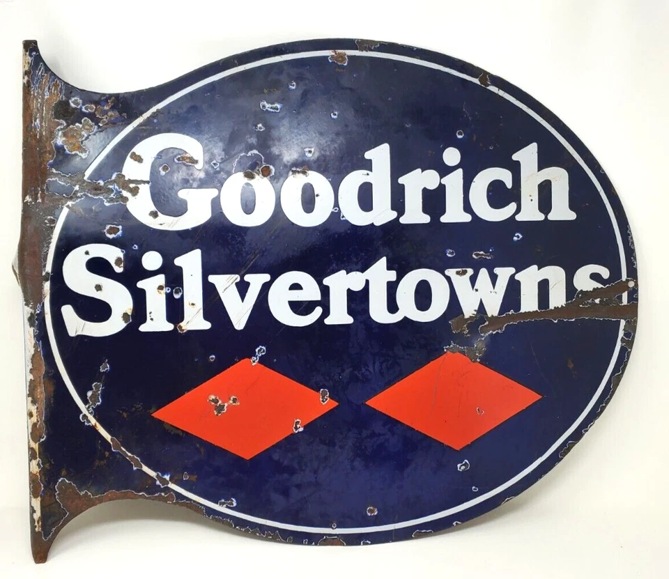 Vintage Goodrich Silvertowns Flange Sign Double Sided Blue Porcelain  Diamonds - Image 2 of 4