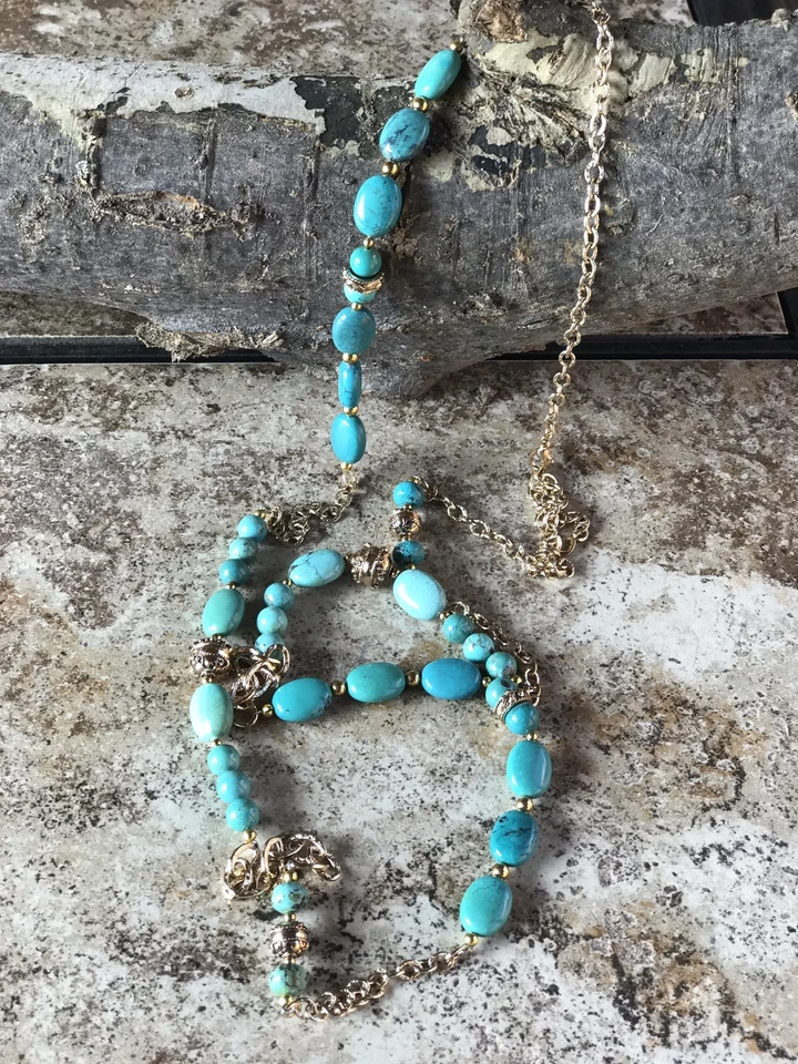 Collar Studio Barse Turquesa Pepitas Chapado en Oro Bronce Gp 58" Foto 2 de 4