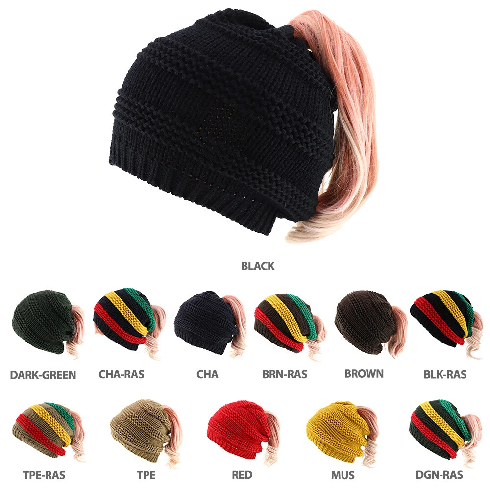 Ribbed Knit Winter Rasta Jamaica Ponytail Deep Slouchy Beanie - FREE SHIPPING