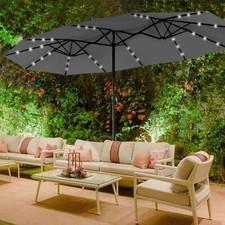 15FT Patio Double-Sided Umbrella with Solar LED Lights Outdoor Umbrella Gray NEW