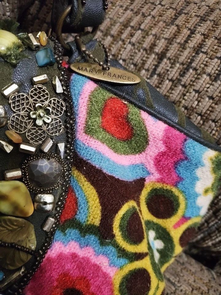 Vintage Mary Frances Beaded Bag Purse Heart Stones Peace Boho Clean Gorgeous  - Image 4 of 4