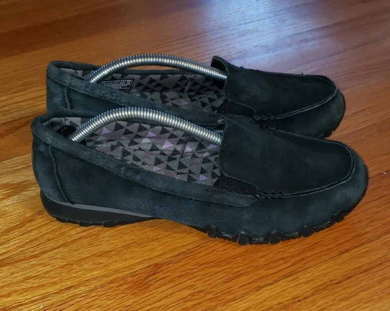 Skechers Black Leather Relaxed Fit Bikers Roamer Shoes Womans Size