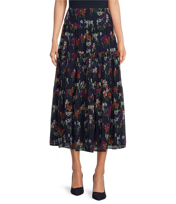 LAUREN RALPH LAUREN Floral Crinkle Georgette Tiered Skirt Midi  