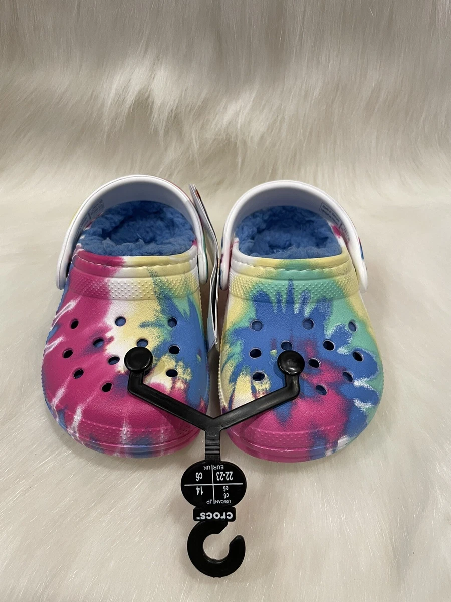 NEW Crocs Pink Blue Yellow Tie Dye Fur Lined Clog Shoes size C 6
