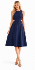 Blue Linen Midi Dress XXL Sleeveless Fit Flare Cut Out Waist Minimalist Preppy