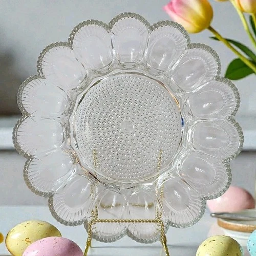 Vtg Indiana Clear Glass Hobnail Deviled Egg Serving Plate 11" Wide MCM Style EC